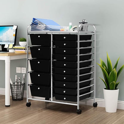 HAPPYGRILL 15-Drawer Rolling Cart, Storage Carts with Removable Drawers & Steel Frame, Utility Cart on Lockable Wheels for Home, School, Office, Black
