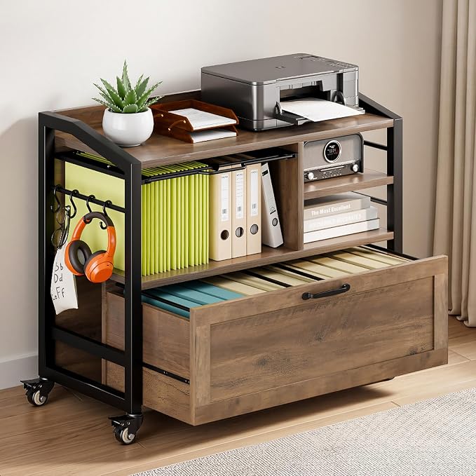 LVB Wood Lateral File Cabinet with Drawers, Rolling Filing Cabinet Under Desk for Home Office, Printer Stand with Storage Shelf,Hanging File Organizer for Legal/Letter Size, Rustic Oak, 33Inch