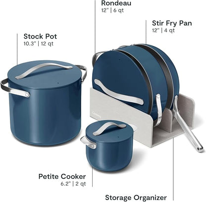 Caraway 24-Piece Nonstick Ceramic Cookware Set - Includes Fry Pans, Sauce, Sauté Pan, Dutch Oven, Petite Cooker, Stir Fry, Rondeau, Stock Pot, Lids & Storage Organizers - Navy