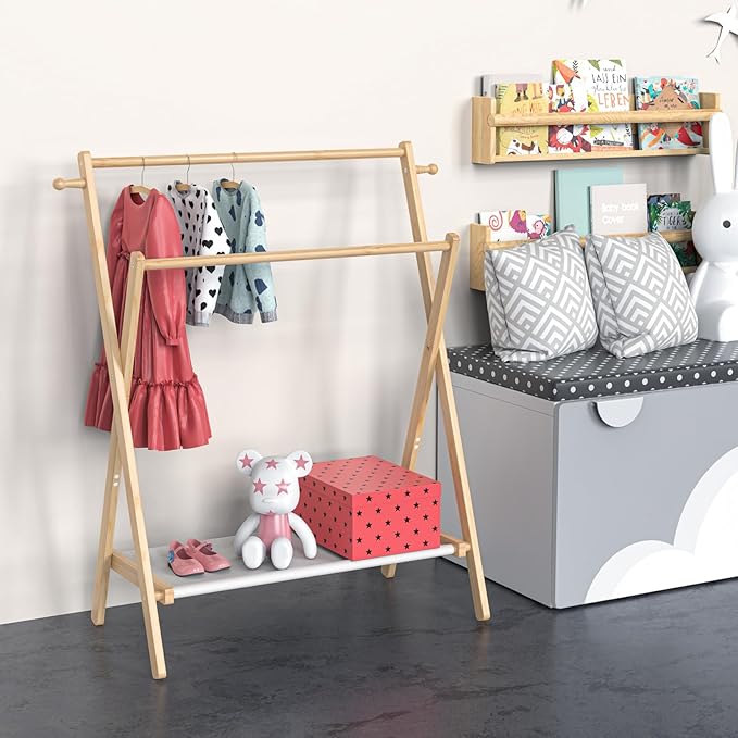 Kids Clothing Rack, Small Clothes Rack for Toddler Pets, Kids Dress Up Rack with Storage Shelf & Double Rods, Foldable Kids Clothes Rack for Nursery Child's Room (Regular Size)