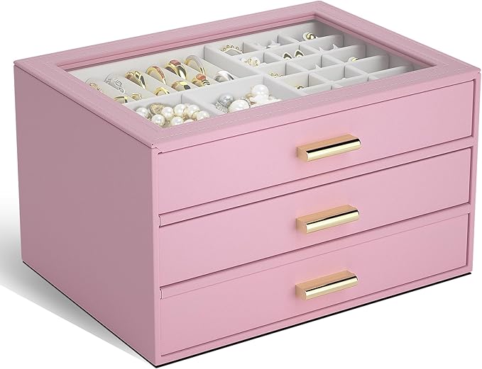 AKOZLIN Jewelry Box with Clear Lid Functional Leather Jewelry Storage Organizer Case 3 Drawers for Women Girls Necklace Ring Bracelet Earring