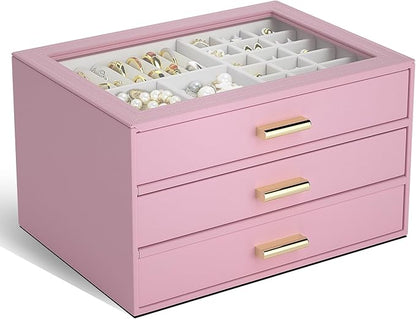 AKOZLIN Jewelry Box with Clear Lid Functional Leather Jewelry Storage Organizer Case 3 Drawers for Women Girls Necklace Ring Bracelet Earring
