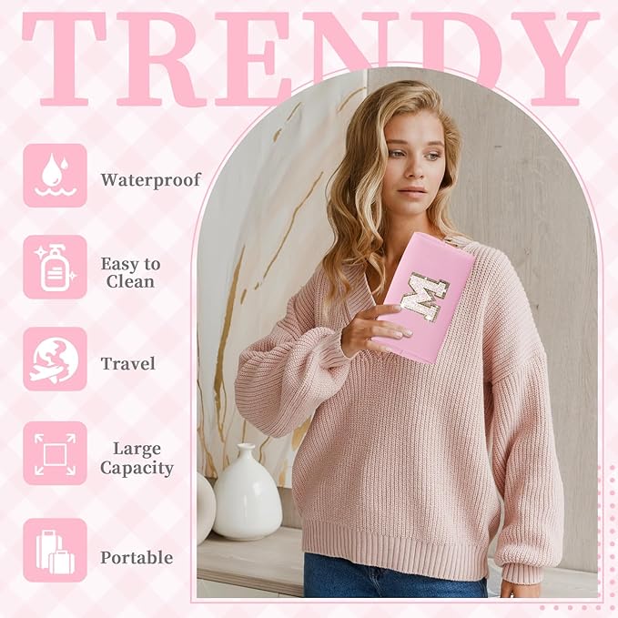 Small Personalized Initial A-Z Patch Makeup Bag,Pink Cute PU Leather Glitter Letter Cosmetic Bag for Teen Girls,Travel Toiletry Bag with Zipper,Preppy Monogrammed Birthday Gift for Daughter Niece M