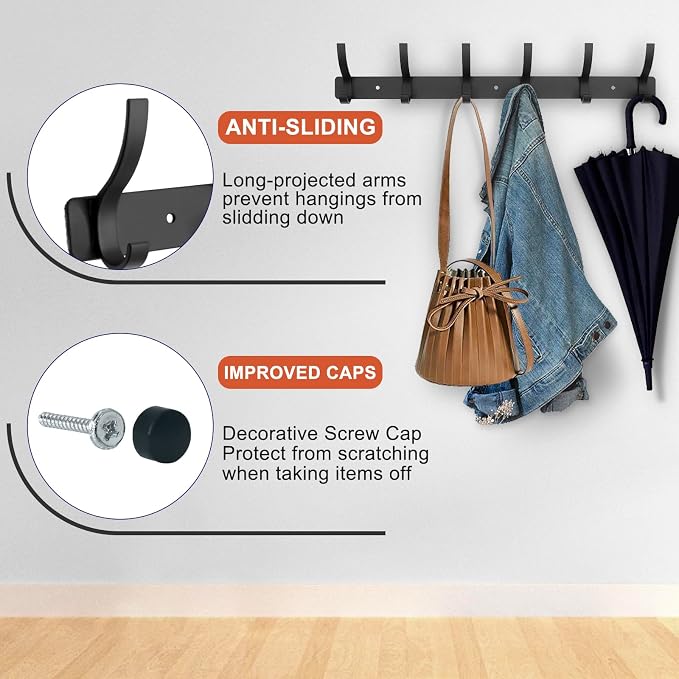 Coat Rack Wall Mounted,6 Coat Hooks for Hanging Coats,Metal Double Hook Rack Hook Rail,Coat Rack with Hooks,Wall Mount Coat Hanger for Hat Towel Purse Robes (2 Pack Black, 6 Hooks)