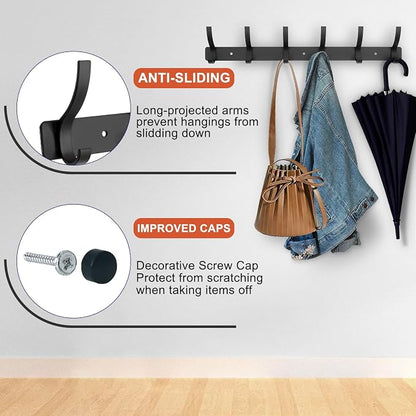 Coat Rack Wall Mounted,6 Coat Hooks for Hanging Coats,Metal Double Hook Rack Hook Rail,Coat Rack with Hooks,Wall Mount Coat Hanger for Hat Towel Purse Robes (2 Pack Black, 6 Hooks)