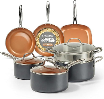 Gotham Steel 12 Pc Ceramic Cookware Set Nonstick, Ceramic Pots and Pans Set Non Stick with Steamer for Cooking, Non Toxic PFOA PFOS Free, Ergonomic Stay Cool Handles, Oven & Dishwasher Safe, Copper