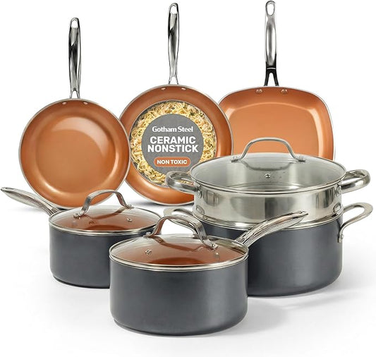 Gotham Steel 12 Pc Ceramic Cookware Set Nonstick, Ceramic Pots and Pans Set Non Stick with Steamer for Cooking, Non Toxic PFOA PFOS Free, Ergonomic Stay Cool Handles, Oven & Dishwasher Safe, Copper