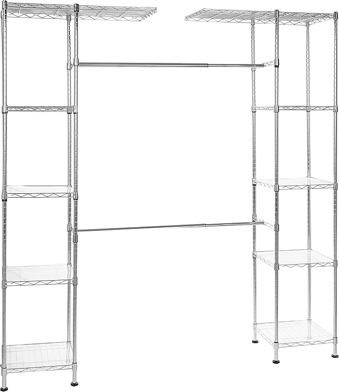 Amazon Basics Expandable Adjustable Metal Hanging Storage Organizer Rack Wardrobe with Shelves, 57-80 x 14 x 72 inches (LxWxH), Chrome