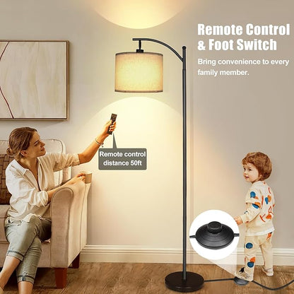2025 LED Floor Lamps for Living Room, 12W 1200LM Modern Arc Floor Lamp with Remote & Adjustable Linen Lampshade, 12 Color Temperature Stepless Dimmable Tall Standing Lamp for Bedroom Office Reading