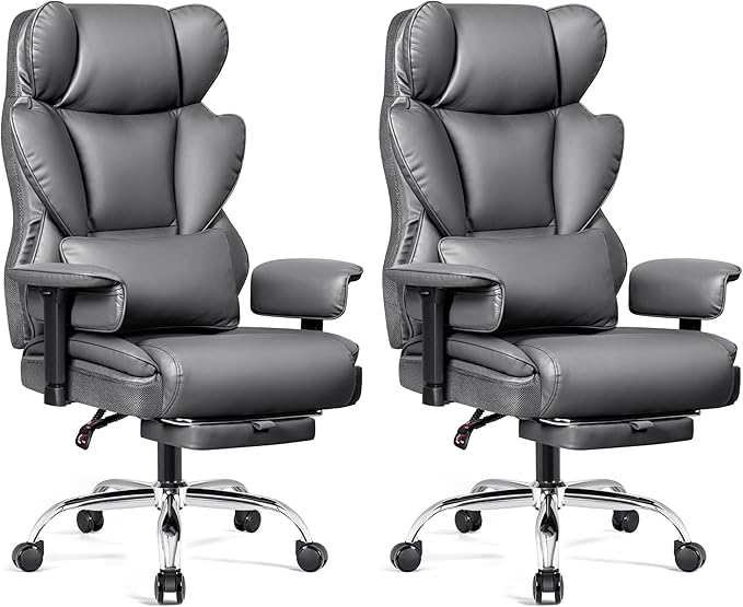 Big and Tall Office Chair - High Back Executive Chair with Footrest & Lumbar Support for Heavy People, Adjustable Arms, Padded Wide Seat Computer Gaming Chair, Gray 2 Pack