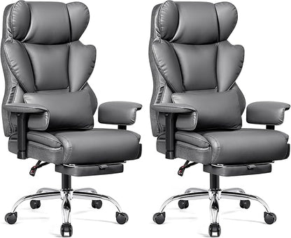 Big and Tall Office Chair - High Back Executive Chair with Footrest & Lumbar Support for Heavy People, Adjustable Arms, Padded Wide Seat Computer Gaming Chair, Gray 2 Pack