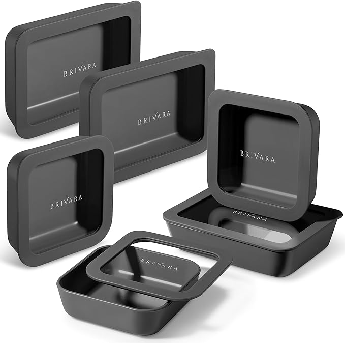 BRIVARA HOME Ceramic Coated Glass Food Storage Container | No PTFE, PFOA, PFAS, and BPA | Reusable Non Toxic Meal Prep Container with Glass Lid | Easy To Store | 6 Piece Food Prep [Onyx]