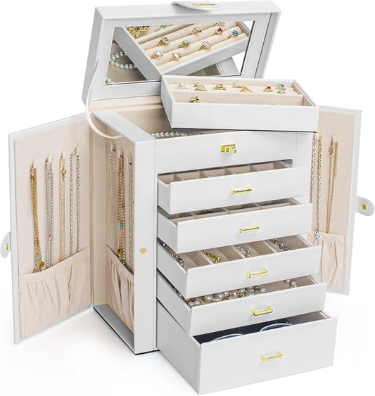AKOZLIN 6-Tier Jewelry Box Organizer Functional 5 Drawers Leather Jewelry Storage Case for Women Girls Ring Necklace Earring Bracelet Holder Organizer with Mirror White Large