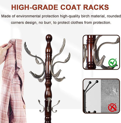 Coat Racks Freestanding, Natural Wood Coat Stands with 14 Hooks, 73" Heavy Duty Adjustable Height Vintage Hall Tree for Entryway, Bedroom, Office, Easy Assembly (Fenghuang Gou)