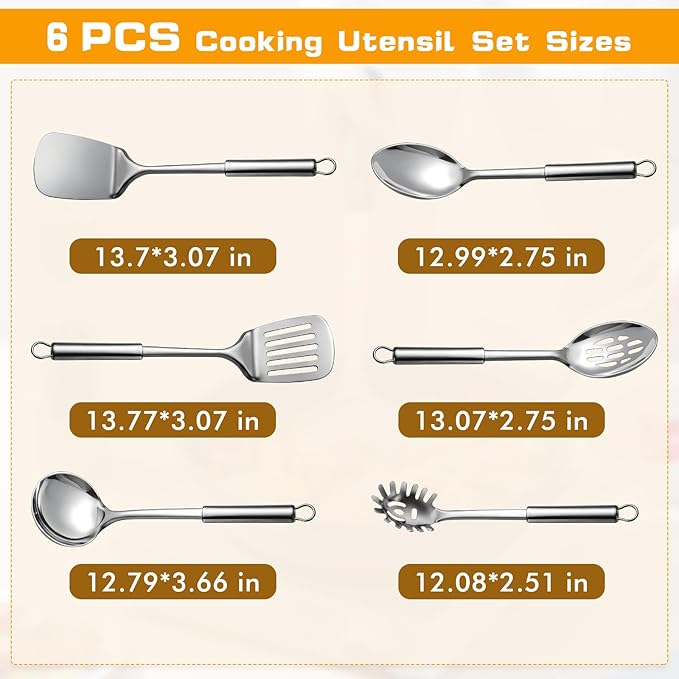 6 Pcs Cooking Utensils Set, Stainless Steel Kitchen Utensils, Heat Resistant Metal Kitchen Tools Include Solid & Slotted Turner Wok Spatula, Serving Spoon, Ladle, Pasta Server, Easy to Clean, Silver