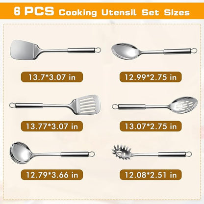 6 Pcs Cooking Utensils Set, Stainless Steel Kitchen Utensils, Heat Resistant Metal Kitchen Tools Include Solid & Slotted Turner Wok Spatula, Serving Spoon, Ladle, Pasta Server, Easy to Clean, Silver