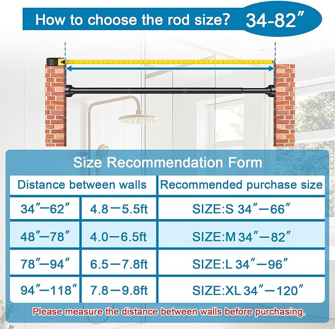 YNL Shower Curtain Rod 34-82 (2.8-6.8ft) Inches, Adjustable Spring Shower Rod No Drilling, Non-Slip, Never Rust, Stainless Steel, Suitable for Bathroom Window Living Room, Matte Black