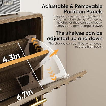 Shoe Cabinet with Fluted Flip Drawers, 31.5" w Narrow Shoe Storage Cabinet for Entryway, Hidden Freestanding Shoe Organizer Rack Cabinet