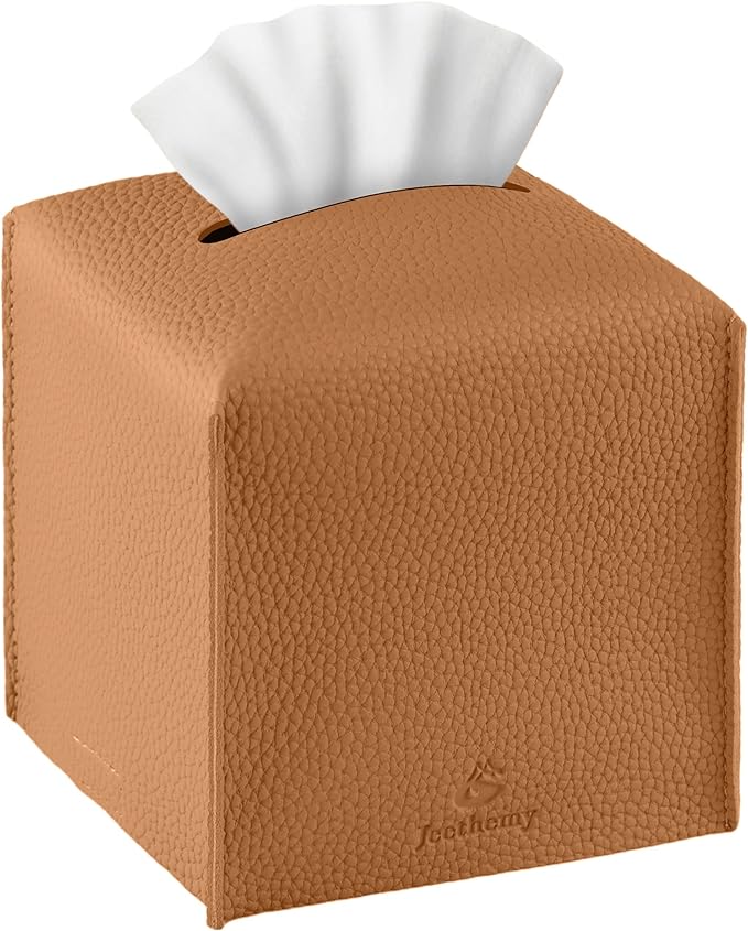 Tissue Box Cover, Jeethemy Square PU Leather Tissue Box Holder, Modern Tissue Case Facial Paper Organizer Dispenser，5X5X5'',Single Brown