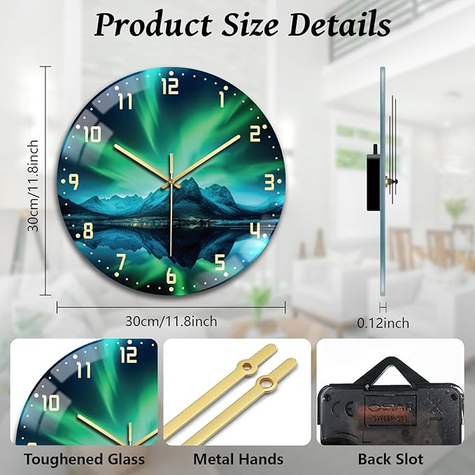 peacoblue Wall Clocks Battery Operated 12 Inch Aurora and Landscape Glass Round Wall Clock Non Ticking for Kitchen Living Room Dining Room Bedroom and Bathroom Decor (Battery not Included)