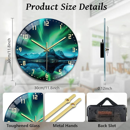 peacoblue Wall Clocks Battery Operated 12 Inch Aurora and Landscape Glass Round Wall Clock Non Ticking for Kitchen Living Room Dining Room Bedroom and Bathroom Decor (Battery not Included)