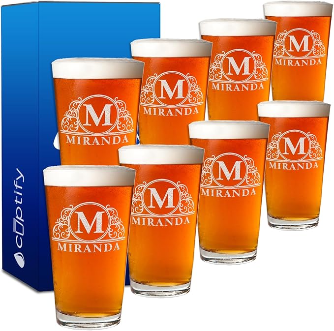 Cuptify Personalized Beer Glasses Set of 8 Elaborate Circle Monogram Laser Engraved 16 oz Pint Drinking Glasses Customized Mug Birthday Gift for Men and Women