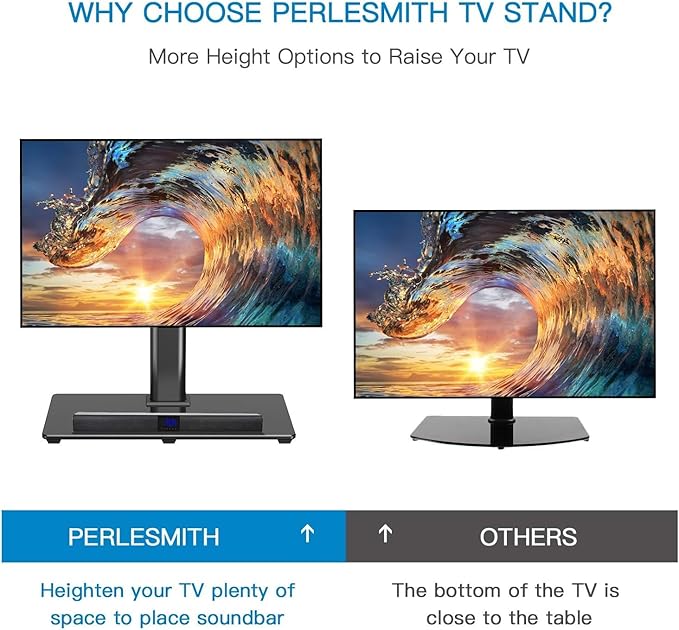 PERLESMITH Universal TV Stand for 32-82 inch LCD LED OLED 4K Flat Screen TVs-Height Adjustable TV Mount Stand with Tempered Glass Base, VESA 600x400mm, Holds up to 99lbs PSTVS11