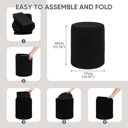PINPLUS Round Storage Ottoman Foot Rest Stool with Tray Velvet Sherpa Folding Storage Ottoman,Boucle Foot Rest for Living Room, Bedroom, Dorm（Black）