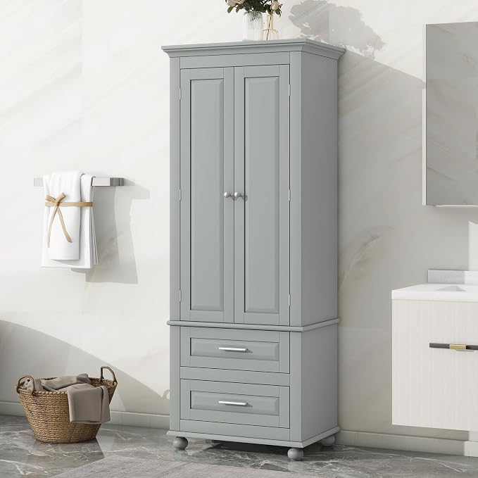 Storage Cabinet, Tall Bathroom Cabinet with Adjustable Shelf | Tall storage cabinet, upper enclosed cabinet and 2 pull-out compartments keep daily essentials organized