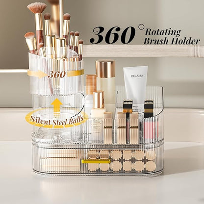 Delamu Makeup Organizer for Vanity with Stackable Drawers, 360 Rotating Makeup Brush Holder Large Cosmetic Display Case, Bathroom Skincare Storage, Crystal Clear, Ideal Christmas Gifts for Girls