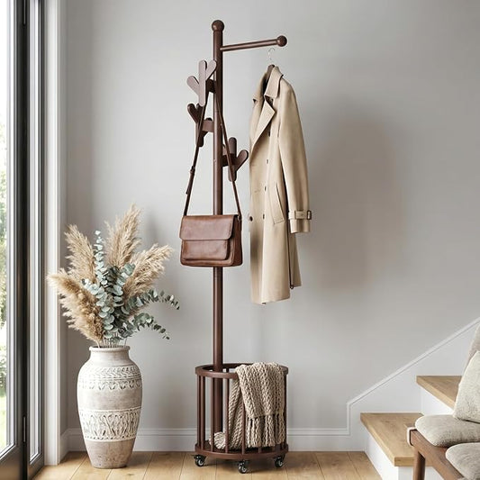 Uniclinens Freestanding Wooden Coat Rack with Umbrella Holder，Dark Walnut Coat Rack with Hooks, Space-Saving Entryway Organizer for Hanging Clothes and Storing Towels, Bedroom, Living Room
