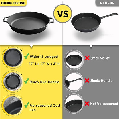 Pre-Seasoned Large Cast Iron Skillet 17 Inch, Dual Handle Outdoor Camping Frying Pan, Pizza Pan, Use for Grill, Stovetop, Induction, Oven Safe Cookware
