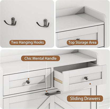 Shoe Cabinet with 2 Flip Drawers & 2 Top Drawers, 43" Tall Freestanding Narrow Wooden Shoe Storage Organizer for Entryway, Hidden Slim Shoe Rack for Front Door Entrance, Hallway, Living Room, White