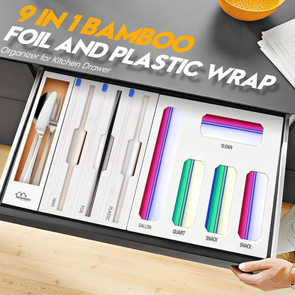 9 in 1 Foil and Plastic Wrap Dispenser with Cutter, White Bamboo Ziplock Bag Organizer for Drawer - Holds Gallon, Quart Bags & Aluminum Foil/Wax Paper, Wall Mountable Kitchen Storage