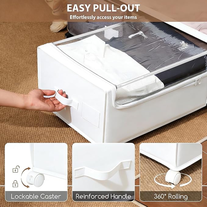 FOUCSSOMEI Under Bed Storage with Wheels, Rolling Under bed Storage with Metal Frame, Under Bed Shoe Storage for Space Saving, Zippered Clear Lid, Heavy-Duty Steel Base for Clothes, White