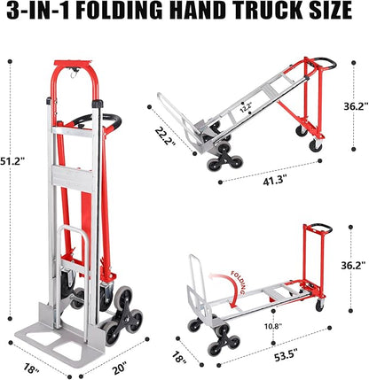 3 in 1 Industrial Convertible Stair Climbing Cart,1000 LBS Capacity Hand Trucks Heavy Duty, Hand Truck Dolly for Transport & Moving in Warehouse, Home, Supermarket