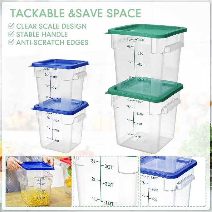 Lallisa 4 Pcs 8 Qt and 4 Qt Clear Food Storage Containers with Lids, Handles and Scales, Commercial Grade Square Containers Polycarbonate Air Tight for Home Storage Kitchen Restaurant(Blue, Green)
