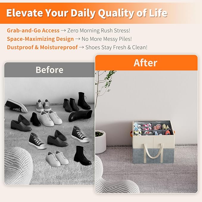 Aokeyee Shoe Organizer for Closet, 2 Pack Foldable Shoe Storage Organizer Box w/Clear Cover and Reinforced Handles, Space Saving Shoes Bin Fits up to 16-32 Pairs, Beige and Grey