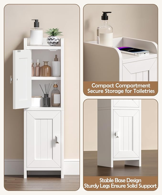 Akxomel Small Bathroom Cabinet with 2 Doors, 7.9''D x 7.9''W Narrow Toilet Paper Storage Cabinet, Bathroom Organizer for Small Spaces, Slim Corner Unit with Adjustable Shelf, White