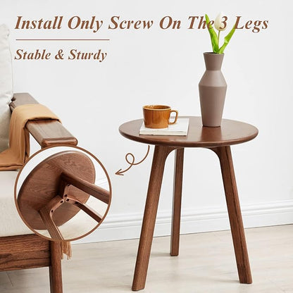Round Side Table - 100% Natural Solid Oak Wood - 3 Legs Wood End Table for Living Room - Easy Assembly, Elegant Round End Table - Eco-Friendly Painted Small Side Table (Colour: Walnut)
