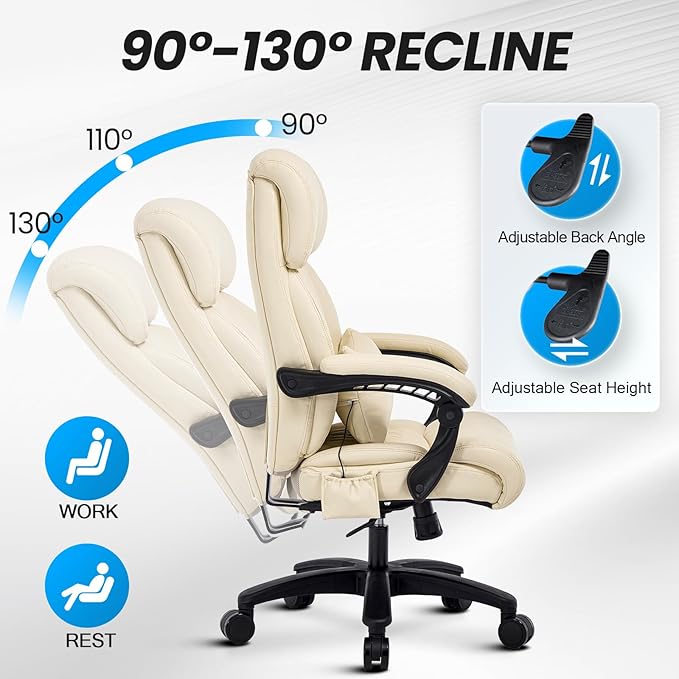 Big and Tall Office Chair, 500LBS Heavy Duty Massage Desk Chair, Ergonomic Executive Office Chair with High Back and Lumbar Support, Beige