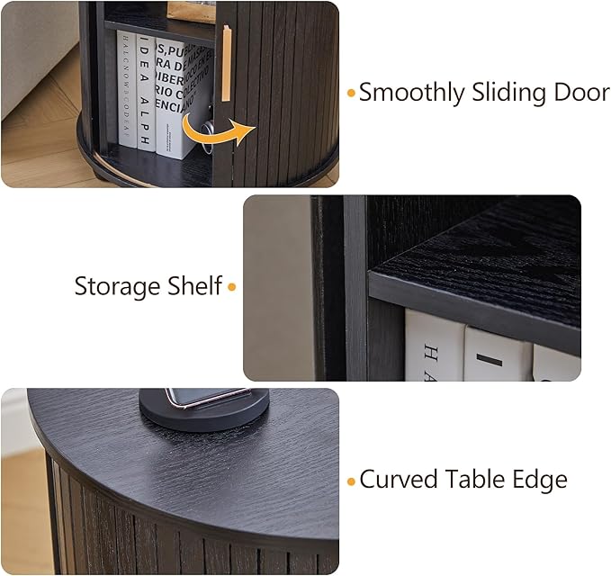 Fluted Round End Table with Charging Station, Farmhouse Small Sofa Side Table with Sliding Tambour Door & Storage, Mid-Century Wood Fulted Nightstands for Living Room, Bedroom ((Black)
