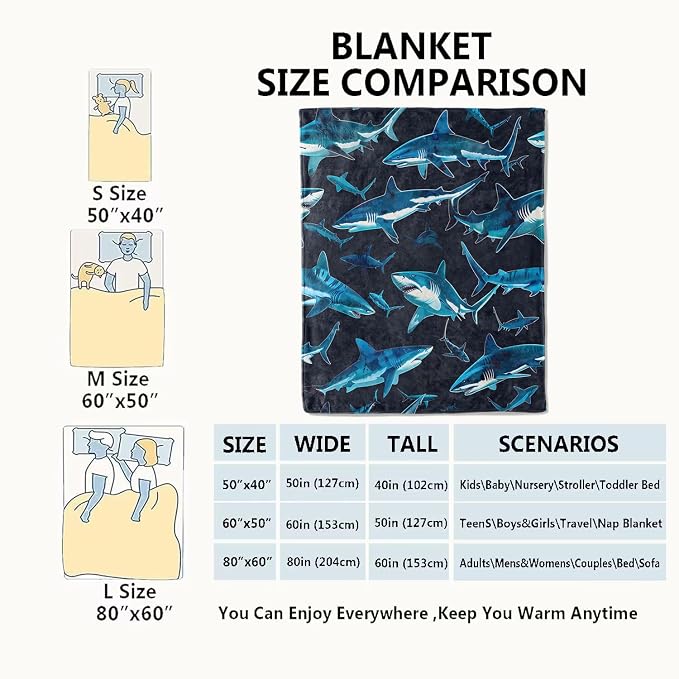 Blue Shark Blanket,Vibrant Deep Sea Sharks Throw Blankets,Gifts for Kids & Marine Life Lovers,Lightweight Soft Fleece,for Picnic Sofa Couch Bed Room Travel,Birthday Decor,60x80in