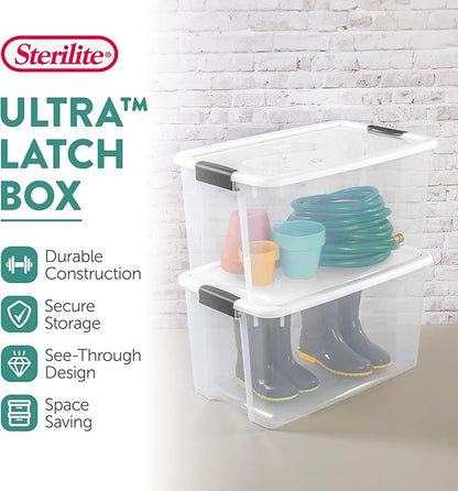 Sterilite 8 Pack Ultra Latching Box, Storage Bins with Lids, Clear Plastic, 70 Quart - Heavy-Duty Organizing Containers for Closet, Bathroom, and Office