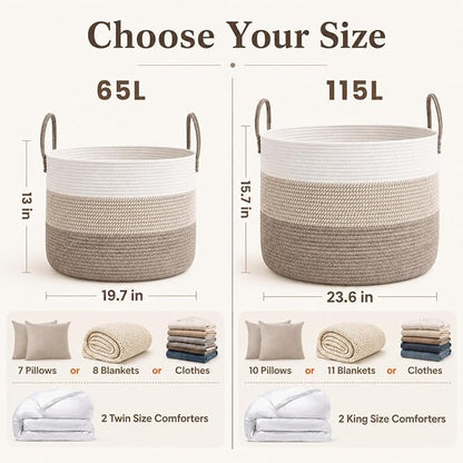 JMvicyroam 115L Extra Large Blanket Basket for Living Room - Woven Cotton Rope Laundry Hamper with Reinforced Handles - Storage Bin for Pillows, Comforters & Toys - Machine Washable,White&Brown Mix