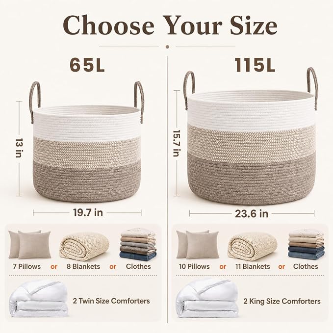 JMvicyroam 65L Extra Large Blanket Basket for Living Room - Woven Cotton Rope Laundry Hamper with Reinforced Handles - Storage Bin for Pillows, Comforters & Toys - Machine Washable,White&Brown Mix