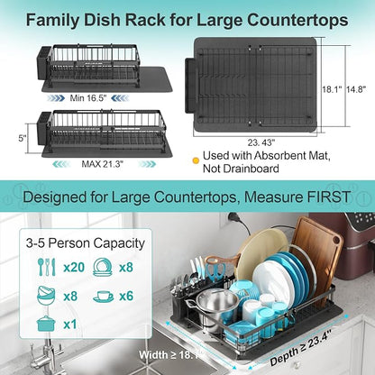 GSlife Family Size Large Capacity Expandable Dish Drying Rack with Absorbent Mat, Rust Resistant Dish Drainer for Plates Bowls Pots and Pans, 16.5"-21.3" L x 14.7" W, Black