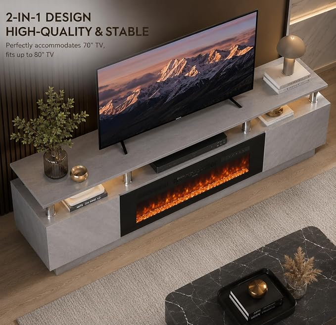 80" TV Stand & Entertainment Center, Media Console with Storage Cabinet, Fits TVs up to 90", Modern Living Room Furniture, 36" Electric Fireplace (Grey+Black)