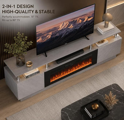 80" TV Stand & Entertainment Center, Media Console with Storage Cabinet, Fits TVs up to 90", Modern Living Room Furniture, 36" Electric Fireplace (Grey+Black)