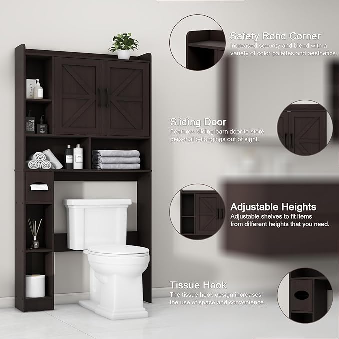 Over The Toilet Storage Cabinet, Farmhouse Storage Cabinet Over Toilet with 2 Barn Door & Toilet Paper Holder Stand, Home Space-Saving Toilet Rack, for Bathroom, Restroom (Black)